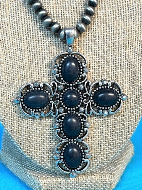 Black Covina Cross Silver Pearl Layered Necklace