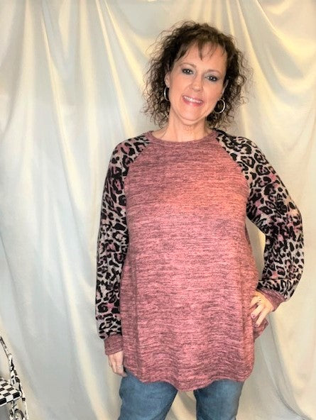 Leopard Sleeve Brushed Top - 2x and 3x left