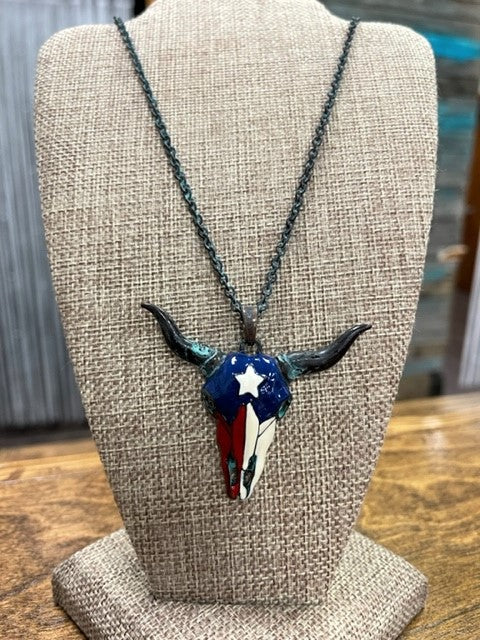 Texas Longhorn Necklace in Aged Patina or Silver