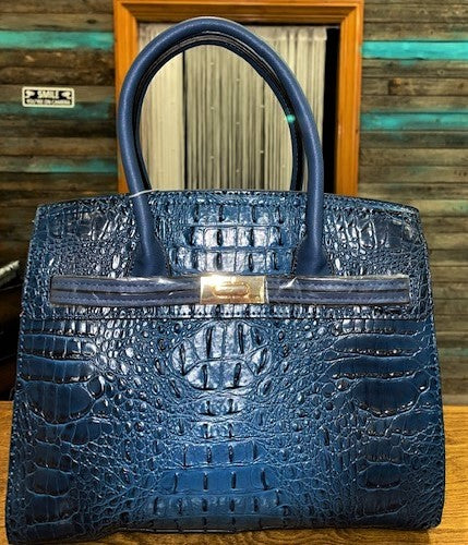 Blue Faux Croc Handbag w/ Wallet