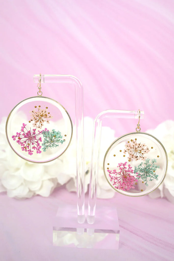 Pink and Mint Pressed Flower Earrings