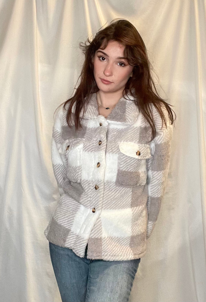 Taupe Checkered Teddy Shacket